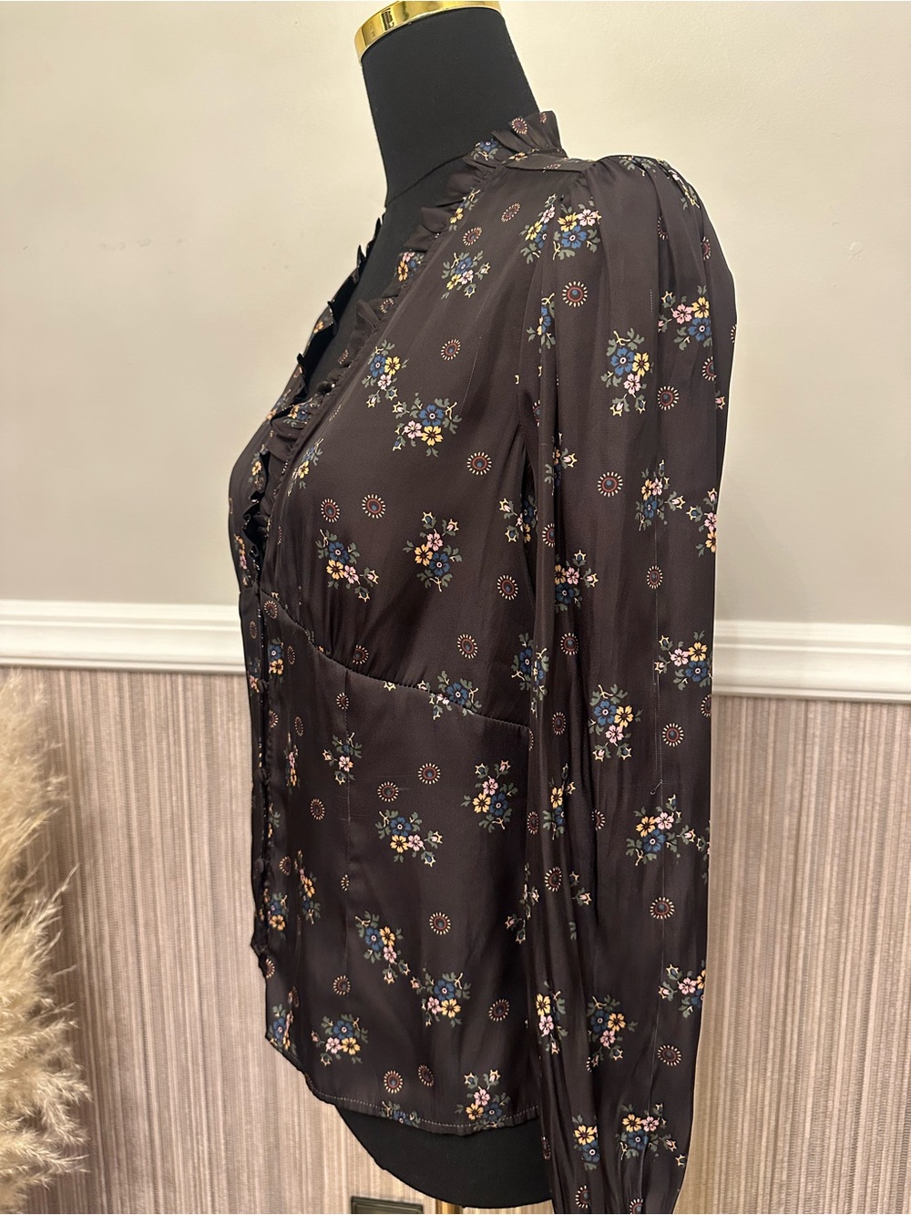 Paige Floral Ruffle Blouse Small Dark Academia Long Sleeve Top - Picture 4 of 8
